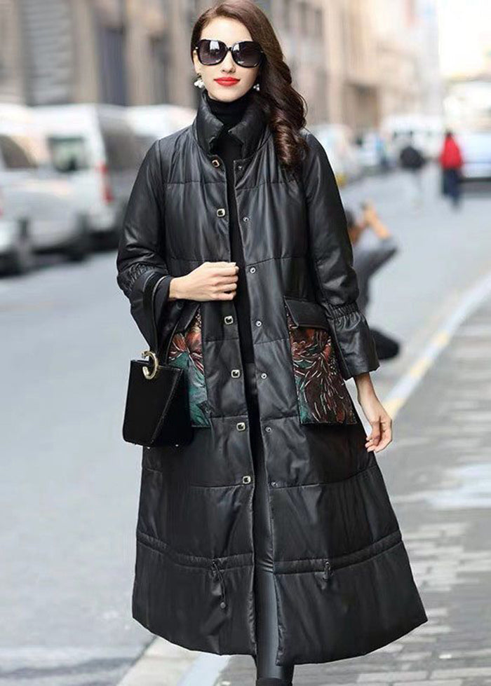 Black Stand Collar Drawstring Sheepskin Duck Down Filled Jacket Winter