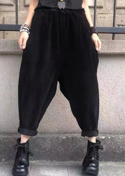 Versatile Black Pockets Elastic Waist Corduroy Pants Fall