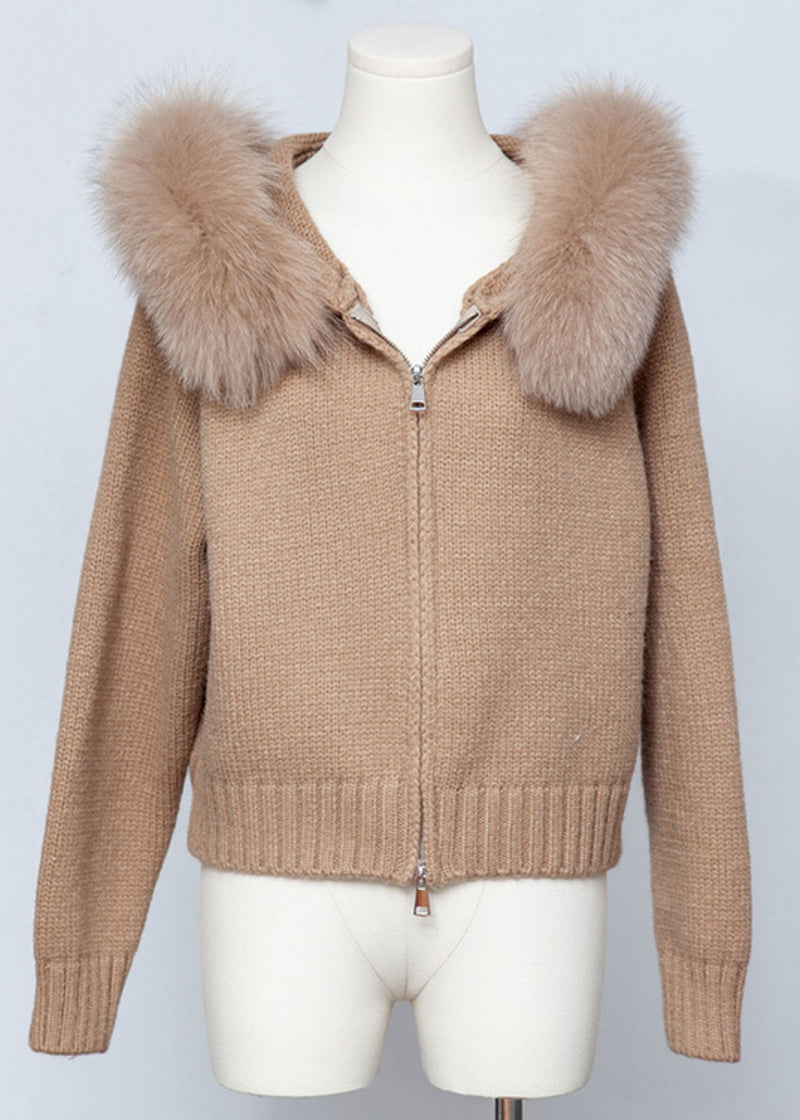 Coffee Zippered Patchwork Knit Fall Coats Hooded