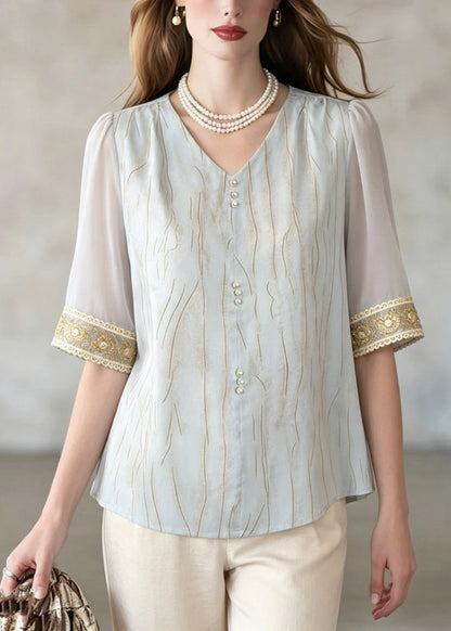Blue V Neck Patchwork Shirt Summer