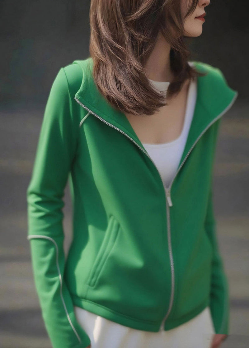 Green Zip Up Pockets Cotton Hoodie Coat Fall