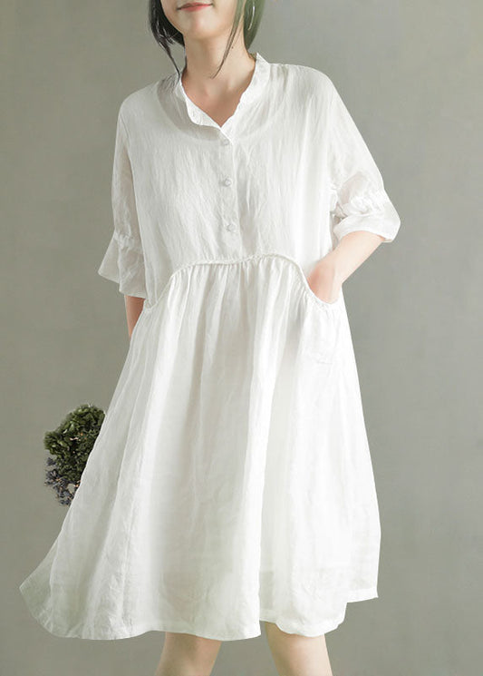 White Wrinkled Button Ramie Mid Dress Half Sleeve