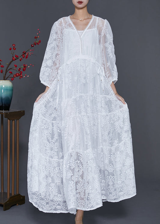 White Embroidered Lace Maxi Dresses Spring