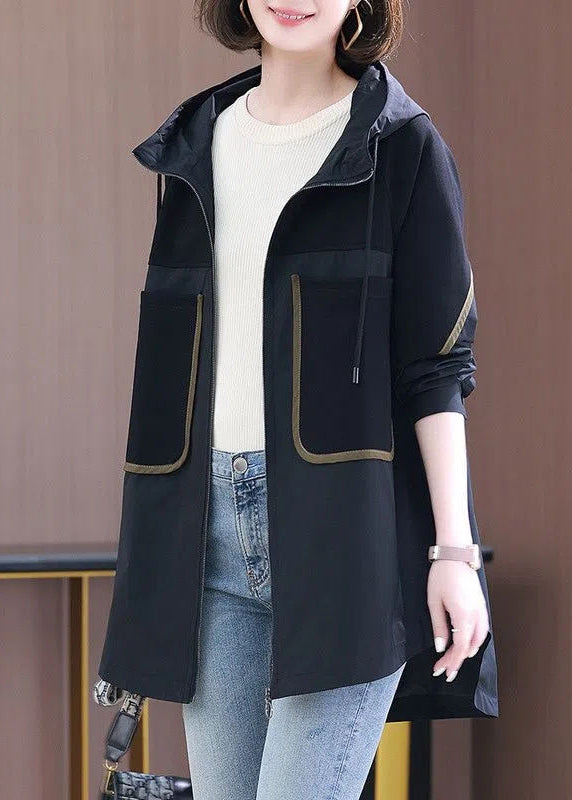 Black Patchwork Zippered Pockets Hooded Coats Long Sleeve