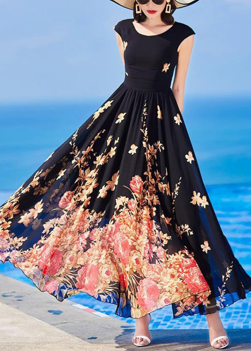 Slim Fit Black O-neck Print Chiffon Long Dresses Summer