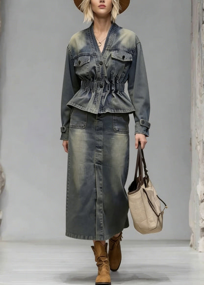 Boutique V Neck Wrinkled Denim Two Piece Set Clothing Spring