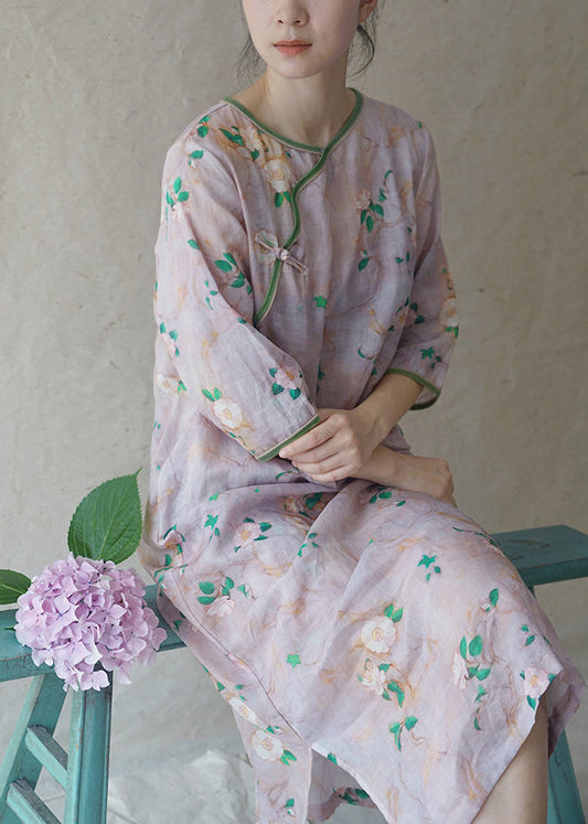 Retro Light Pink O-neck Side Open Print Patchwork Linen Dresses Half Sleeve