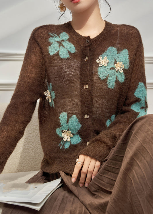 Coffee O-neck Patchwork Button Cotton Knit Cardigan Fall
