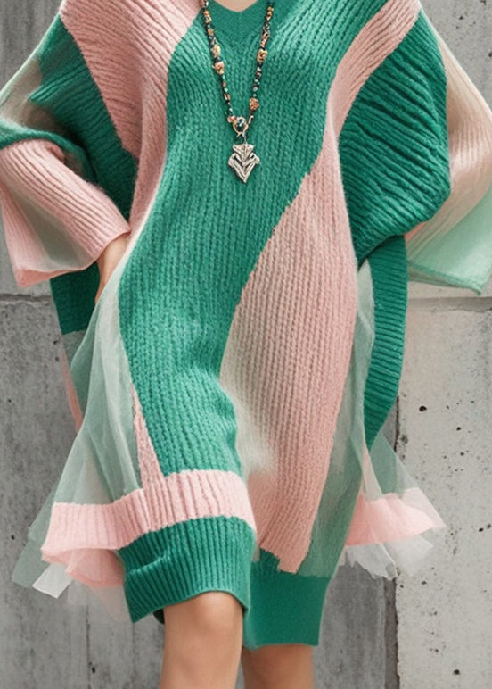 Colorblock Oversized Patchwork Tulle Knitted Dress Fall