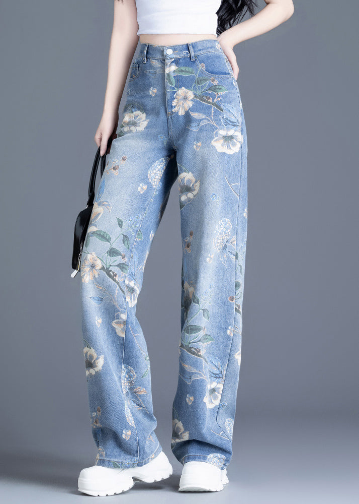 Blue Oversized Print Denim Straight Pants Spring