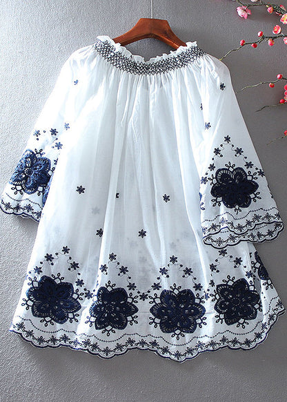 Fitted White Embroidered Cotton a Line Tops Summer