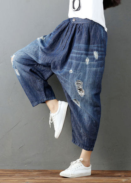 Blue Pockets Elastic Waist Denim Harem Pants Summer