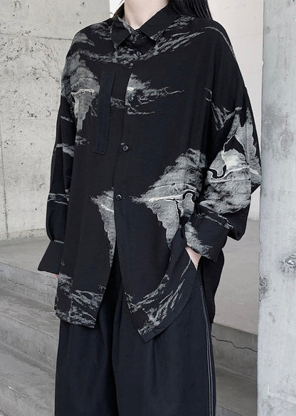 Black Peter Pan Collar Tie Dye Button Shirts Fall