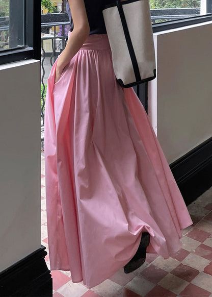 Brief Pink Wrinkled High Waist Pockets a Line Cotton Skirts Summer