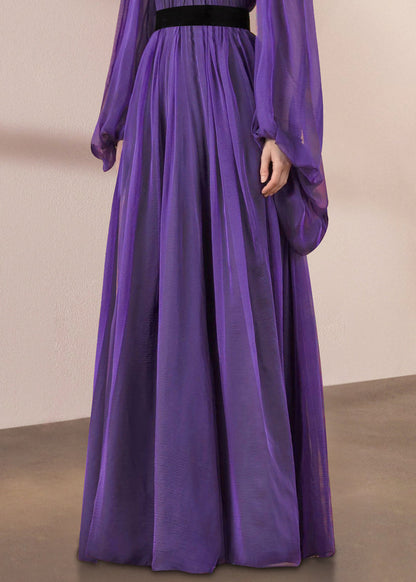 Italian Purple Stand Collar Wrinkled Silk Long Dresses Lantern Sleeve Spring