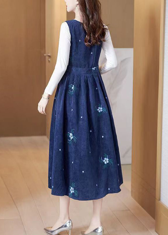 French Blue Embroideried Patchwork Corduroy Two Pieces Set Fall