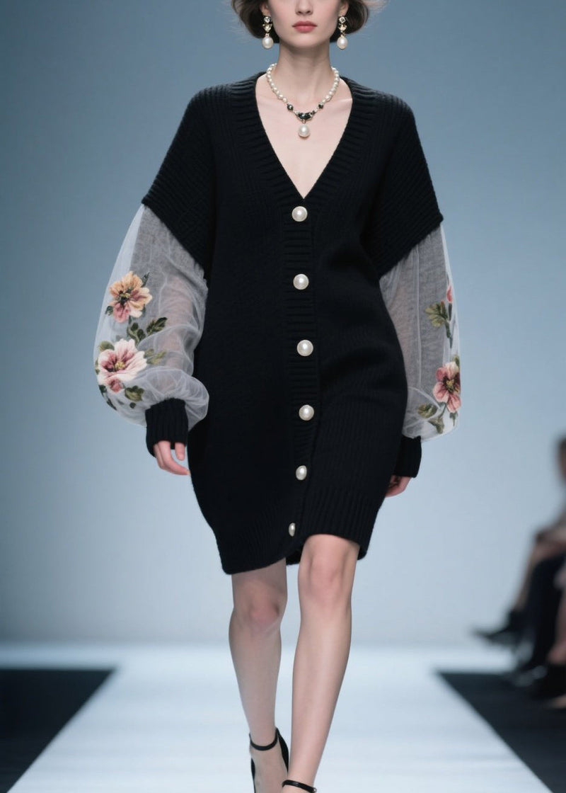 Loose Black V Neck Button Patchwork Knit Coat Fall