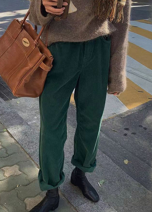 Green Pockets Corduroy Straight Pants Fall