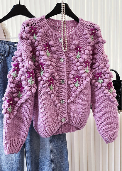 Stylish Purple Embroidered Warm Knit Cardigan Winter