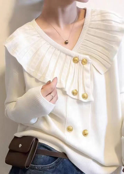 White V Neck Cotton Knit Sweater Spring