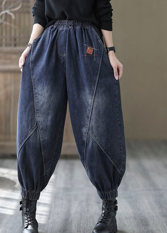 Black Elastic Waist Pockets Denim Pants Spring