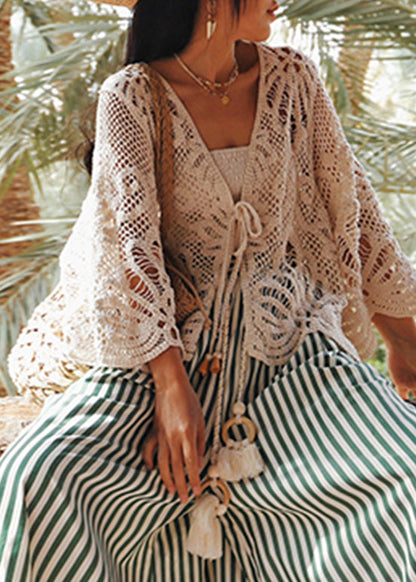Beige V Neck Tie Lace Holiday Tops Batwing Sleeve