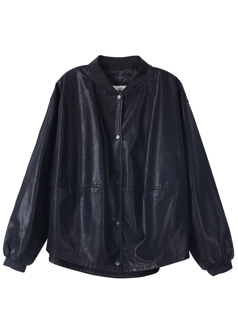 Black Pu Loose Button Fall Coats Long Sleeve