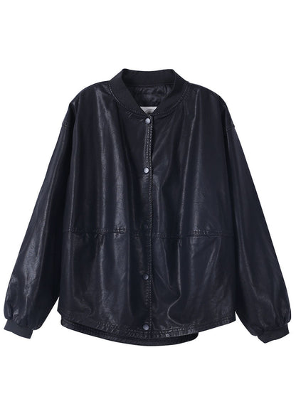 Black Pu Loose Button Fall Coats Long Sleeve