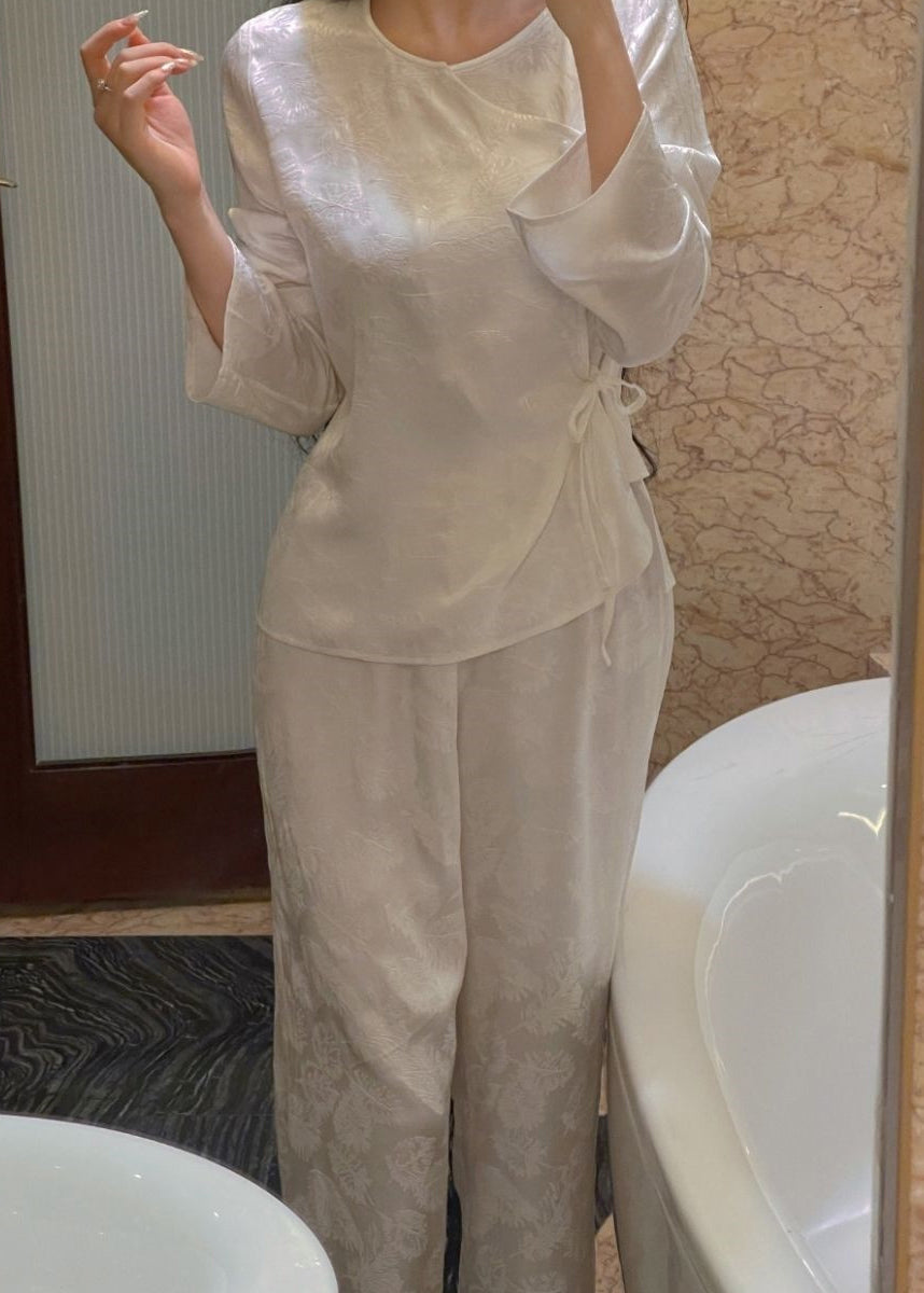 Jacquard Red O-neck Tie Waist Pajamas Two Pieces Set Spring