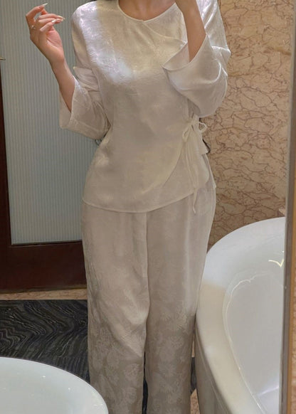 Jacquard Red O-neck Tie Waist Pajamas Two Pieces Set Spring