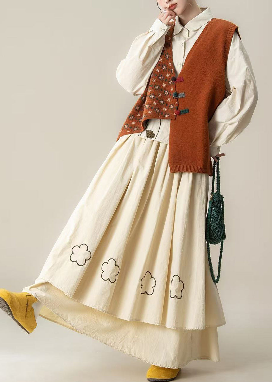 Orange Asymmetrical Embroidered Knit Three-piece Set Spring