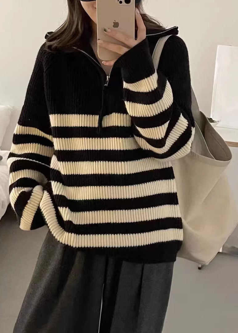 Black Stand Collar Striped Patchwork Thick Knit Pullover Long Sleeve
