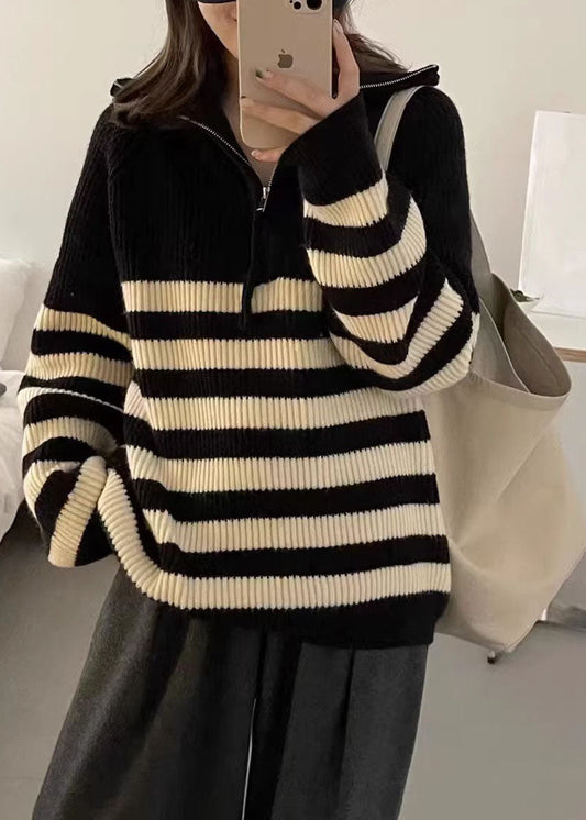 Black Stand Collar Striped Patchwork Thick Knit Pullover Long Sleeve