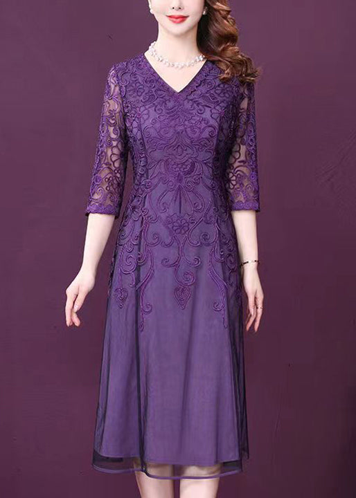 Purple V Neck Lace Patchwork Tulle Dresses Half Sleeve Spring