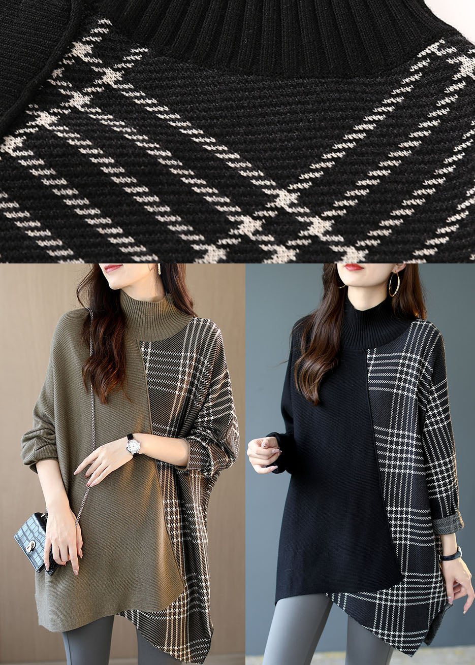 Italian Black Asymmetrical Design Patchwork Plaid Fall Knit Sweaters