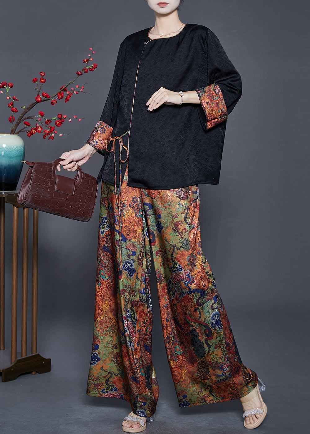 Black Print Patchwork Lace Up Silk Two Pieces Set Fall