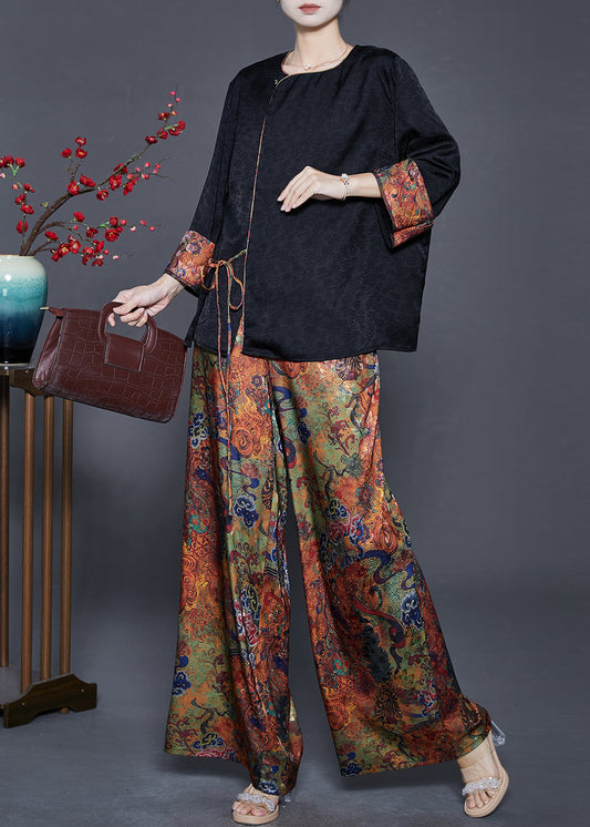 Black Print Patchwork Lace Up Silk Two Pieces Set Fall