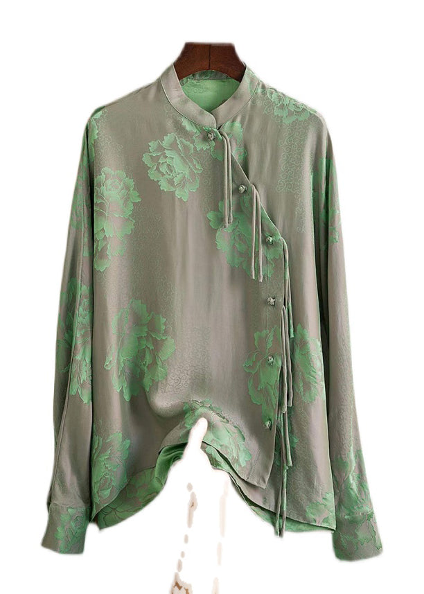 Green Mandarin Collar Button Print Silk Shirt Top Spring