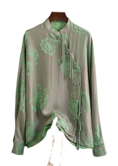 Green Mandarin Collar Button Print Silk Shirt Top Spring