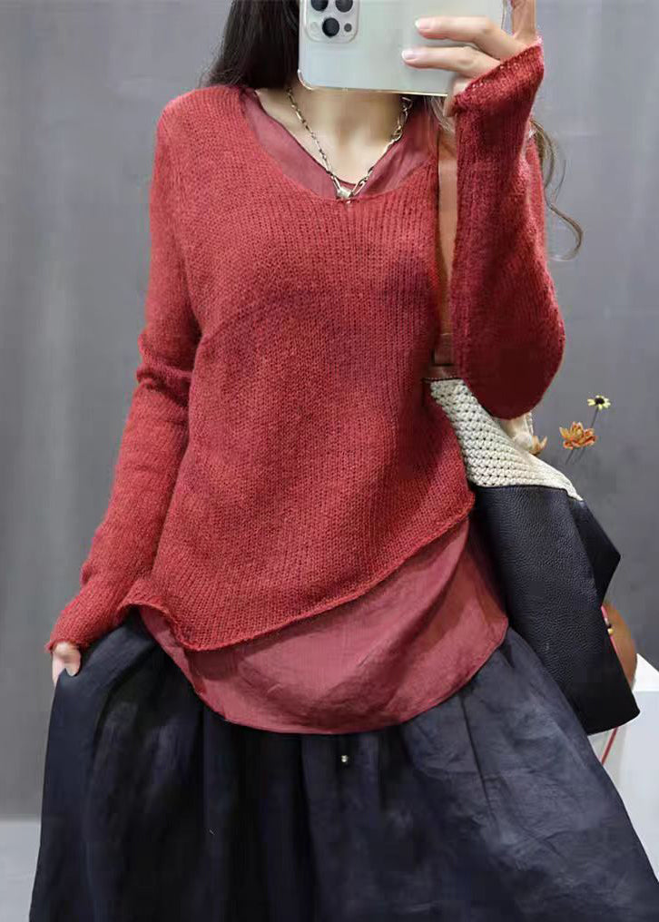 Simple Red Asymmetrical Patchwork Cotton Knit Tops Long Sleeve Fall
