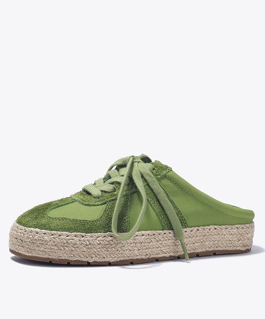 Grass Green Platform Cowhide Leather Lace Up Splicing Slide Sandals