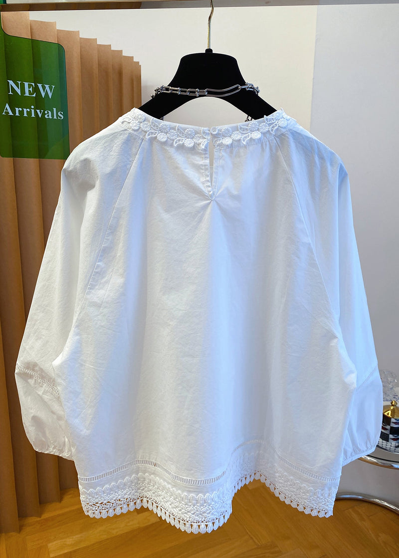 French White O Neck Lace Patchwork Cotton Top Fall