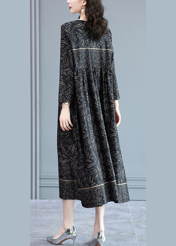 Black O-neck Wrinkled Print Silk Long Dress Long Sleeve