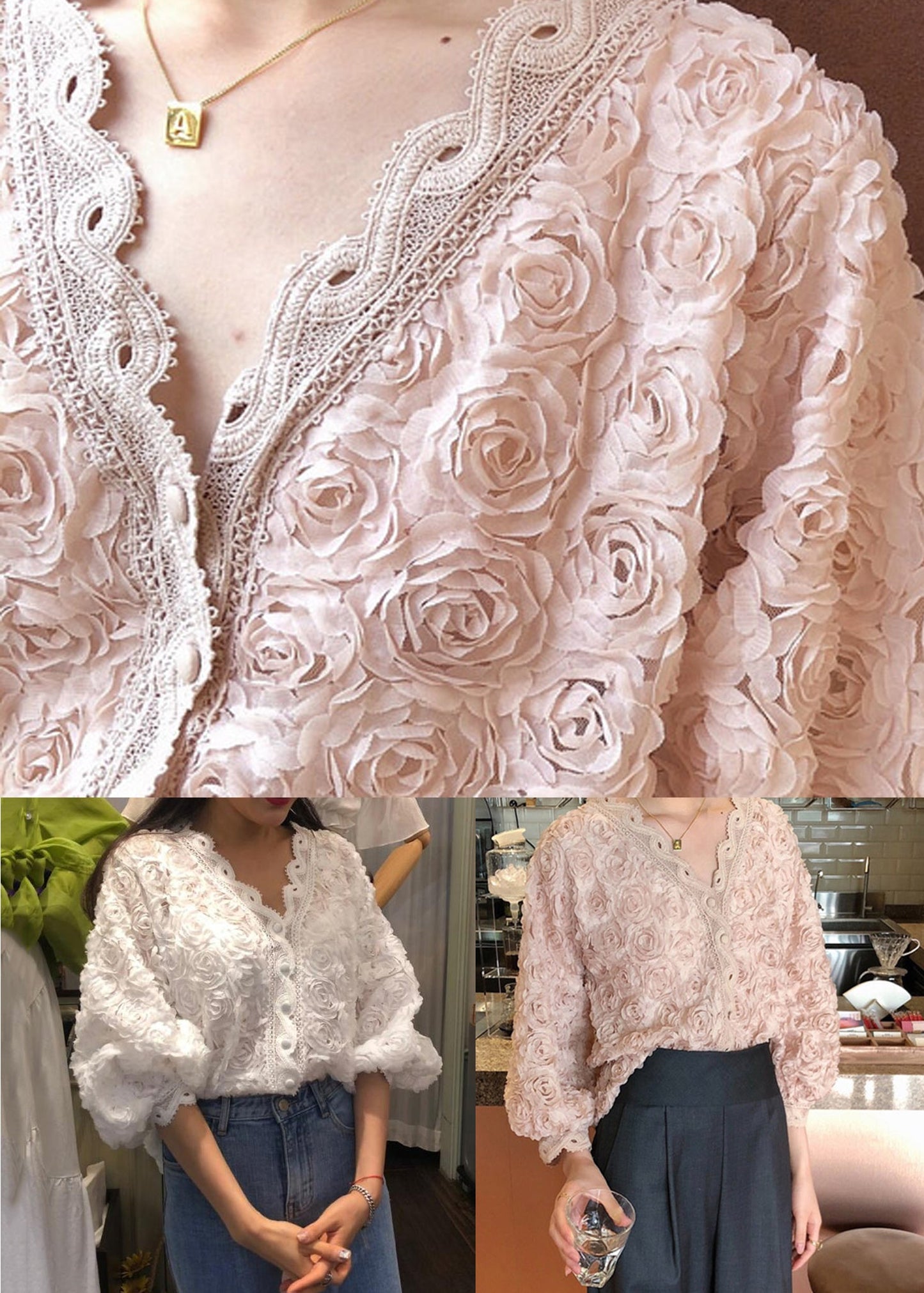 Pink V Neck Button Lace Blouses Bracelet Sleeve