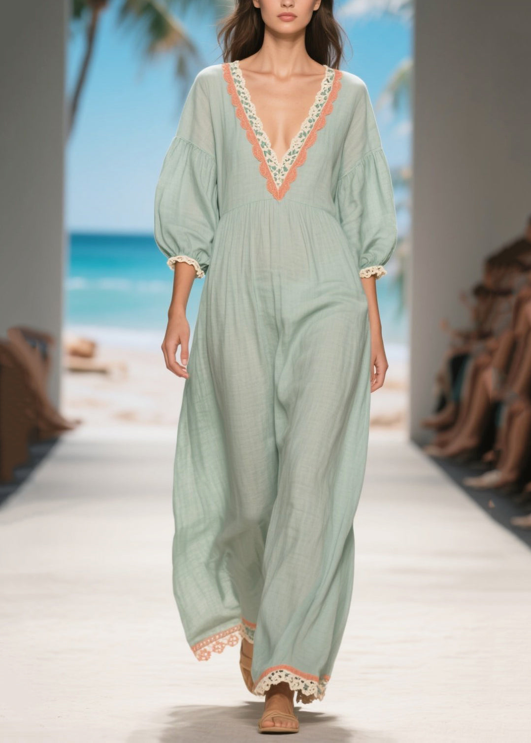 Light Blue V Neck Patchwork Lace Linen Long Dress Summer