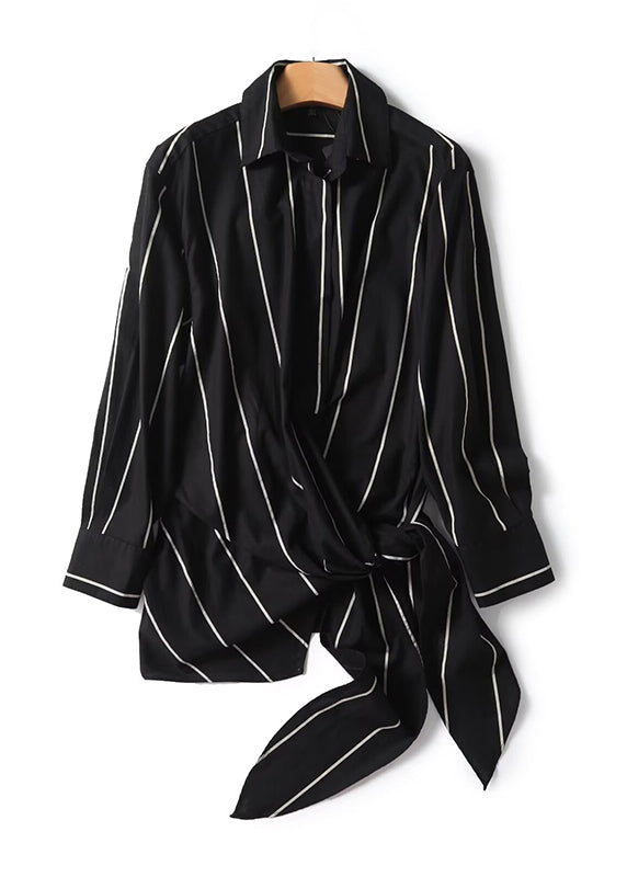 Black Peter Pan Collar Striped Lace Up Linen Tops Fall