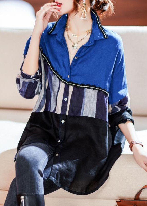 Diy Colorblock Peter Pan Collar Patchwork Cotton Blouses Fall