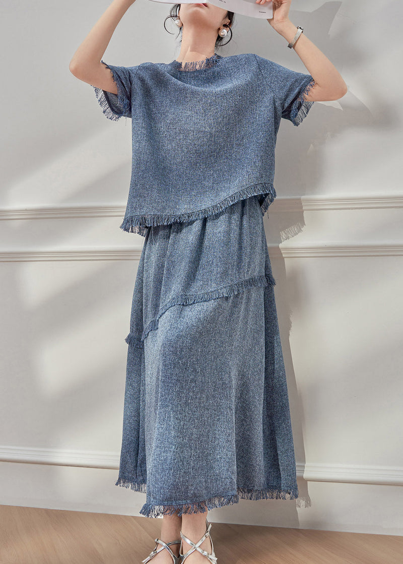 Blue Tassel Patchwork T Shirt and Maxi Skirts Two Pieces Set Short Sleeve