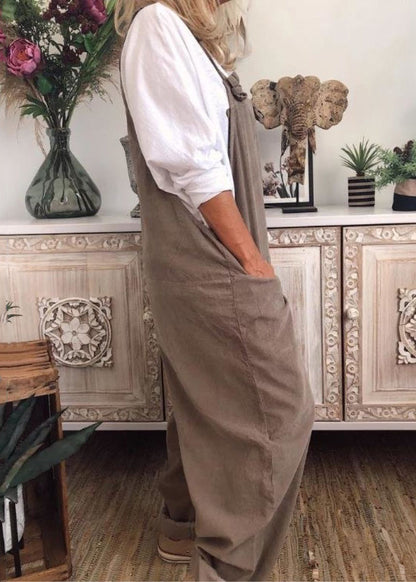 Loose Khaki Pockets Cotton Jumpsuit Sleeveless