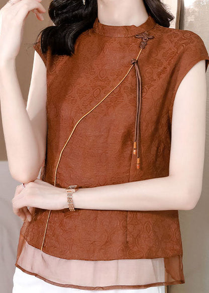 Brown Tasseled Patchwork Jacquard Silk Shirt Sleeveless